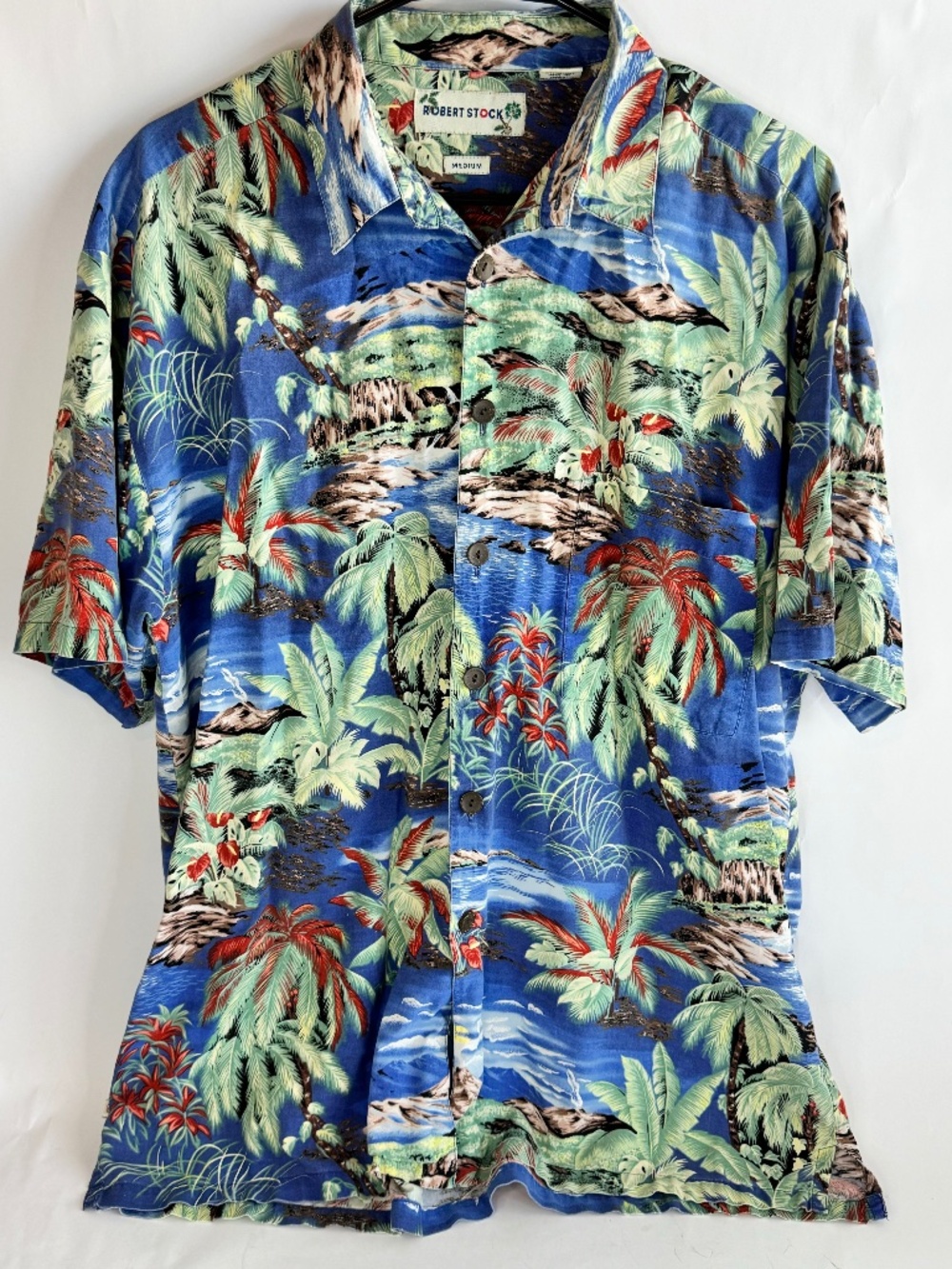 Robert Stock Shirt Mens Medium Blue Short Sleeve Hawaiian Shirt Island Print